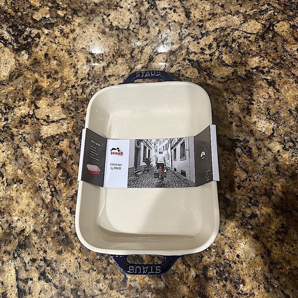 Staub navy blue and cream gratin dish